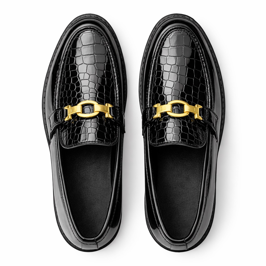 Glossy Croc Embossed  Horsebit Chunky Loafers    Black   for kids