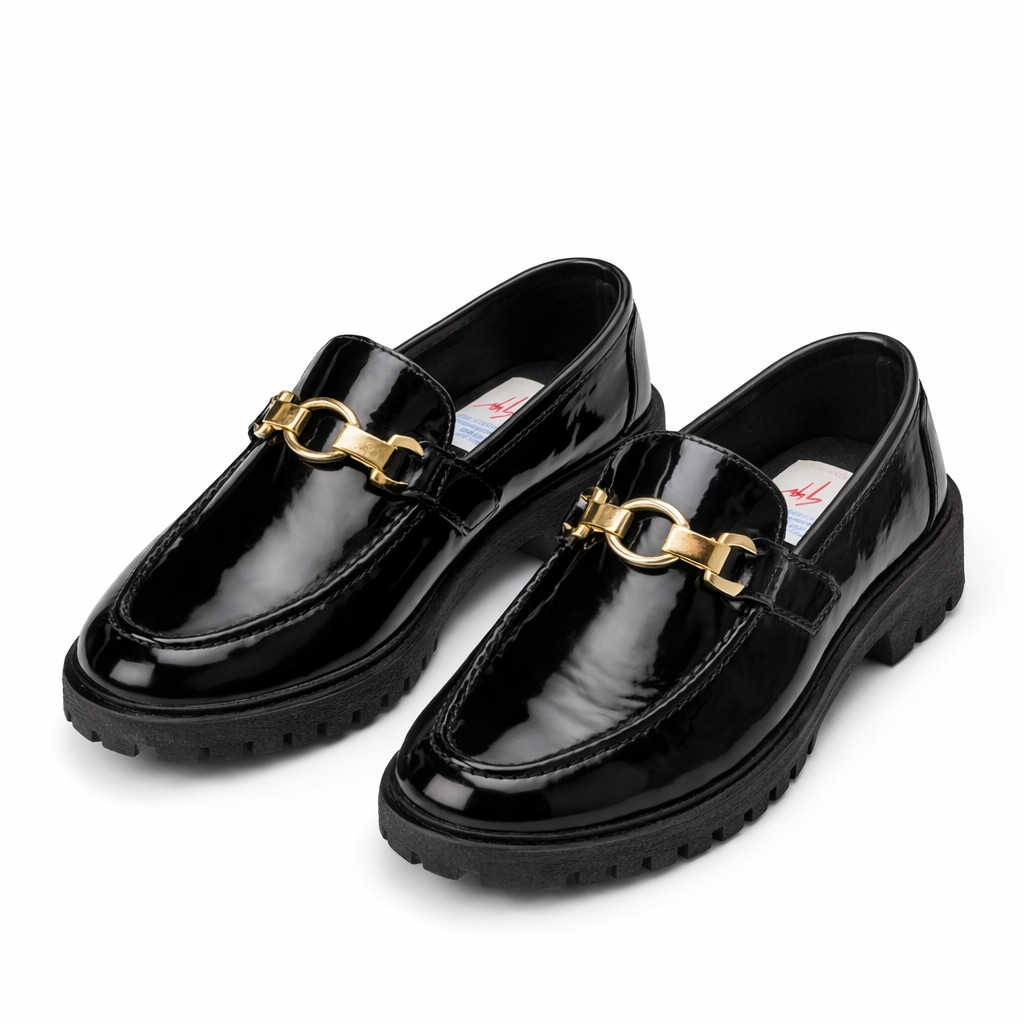 Glossy Patent Leather Horsebit Chunky Loafers   Black   For Kids