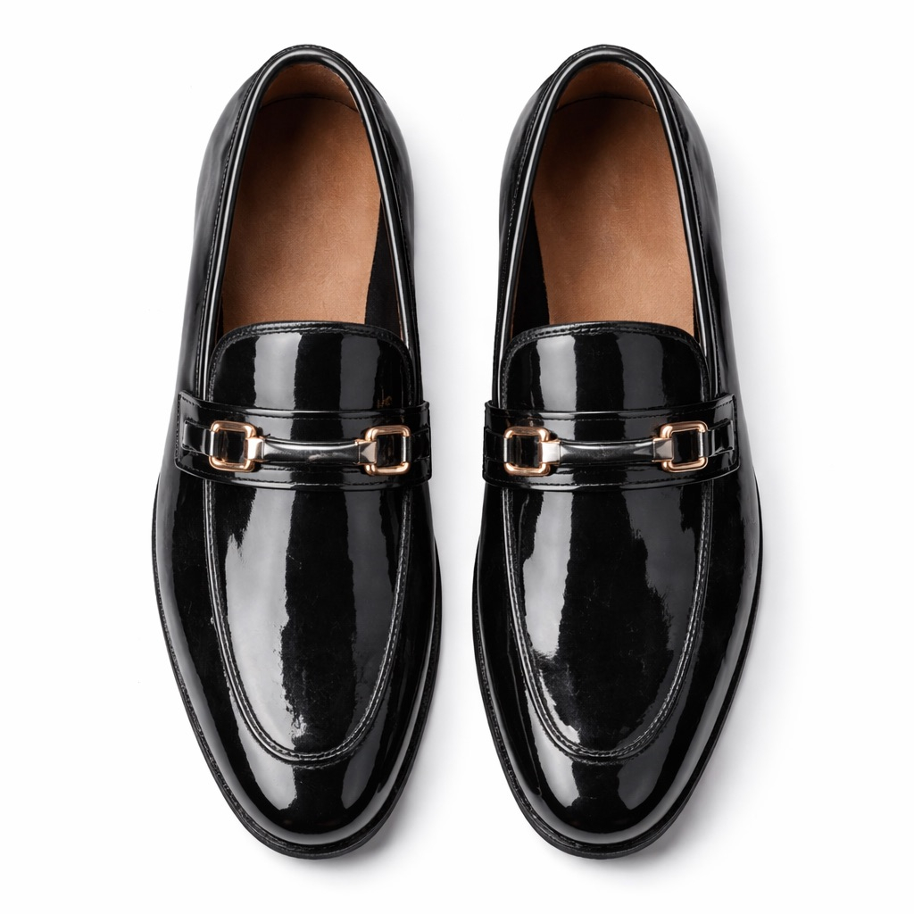 Glossy Patent Leather Metal Detail Loafers   Black
