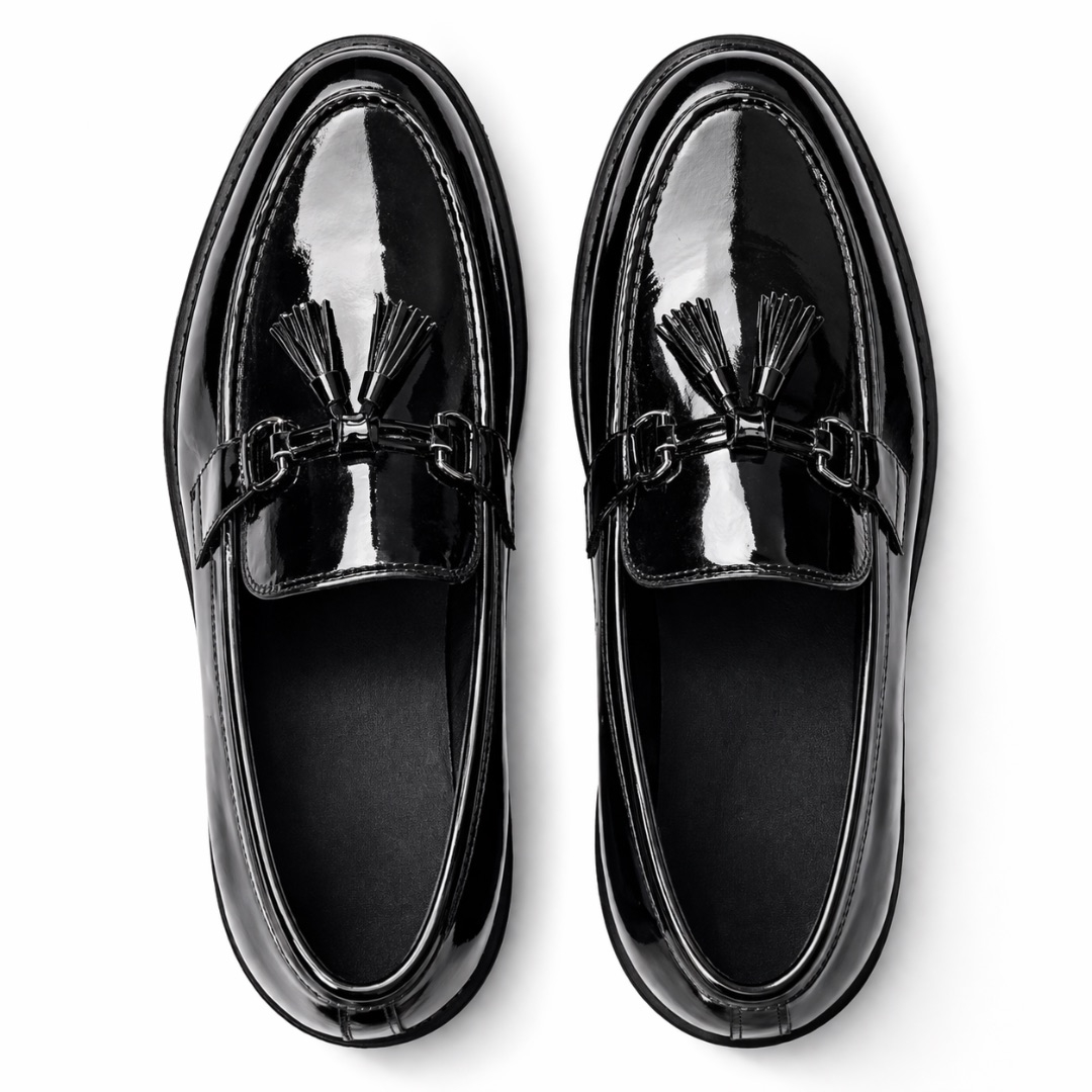 Glossy Patent Leather Tassel Chunky Loafers    Black