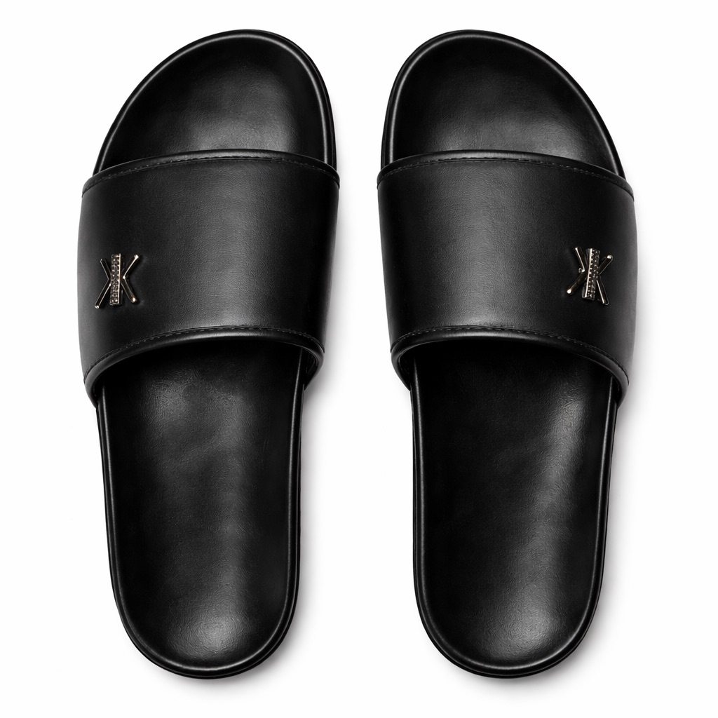 Minimal Leather Slide Sandals with Metal Detail    Black