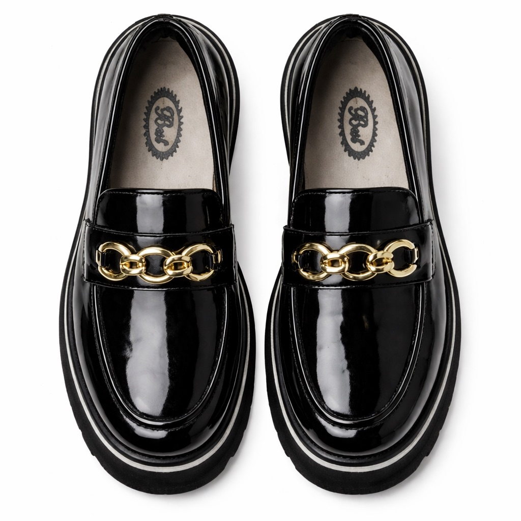 Glossy Patent Leather Chain Platform Loafers   Black    For Women