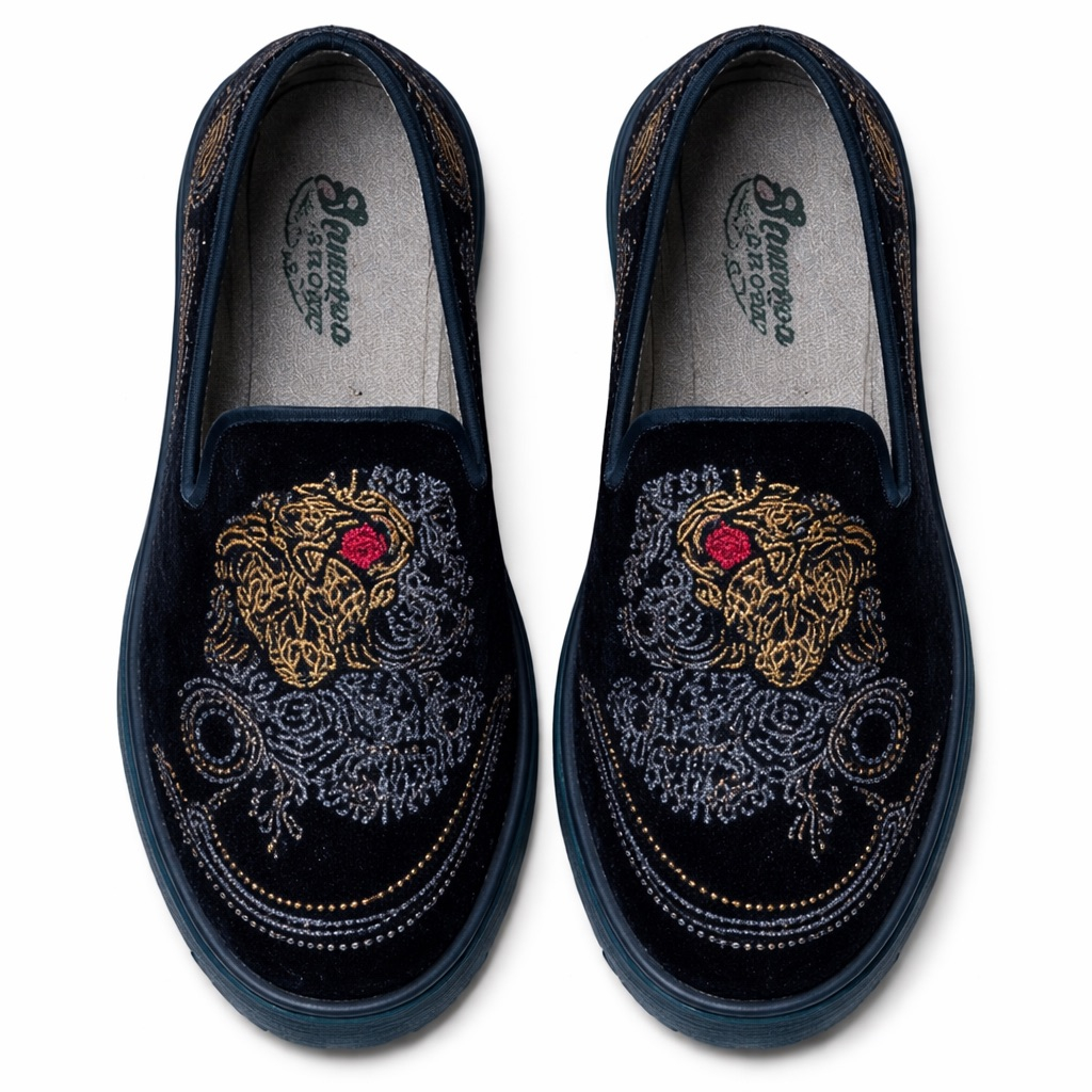 Embroidered Velvet Platform Loafers   Black   For Women