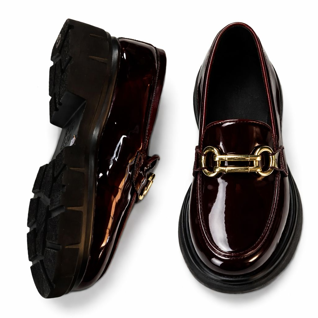 Premium Burgundy Patent Leather Loafers with Gold Bit
