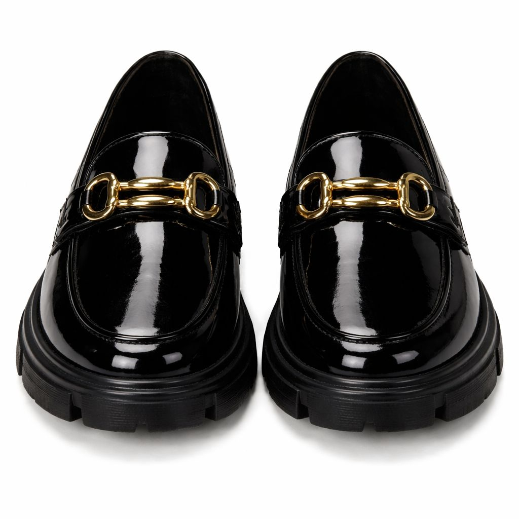 Black Patent Leather Loafers with Gold Bit