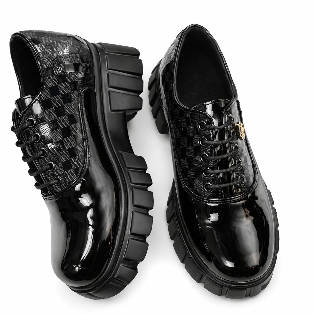 Black Patent Leather Lace Up Shoes with Checkered Design