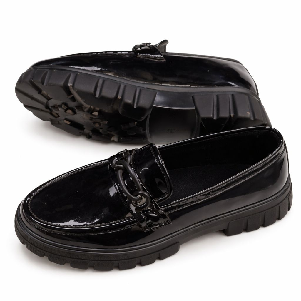 Glossy Black Chunky Sole Slip On Loafers