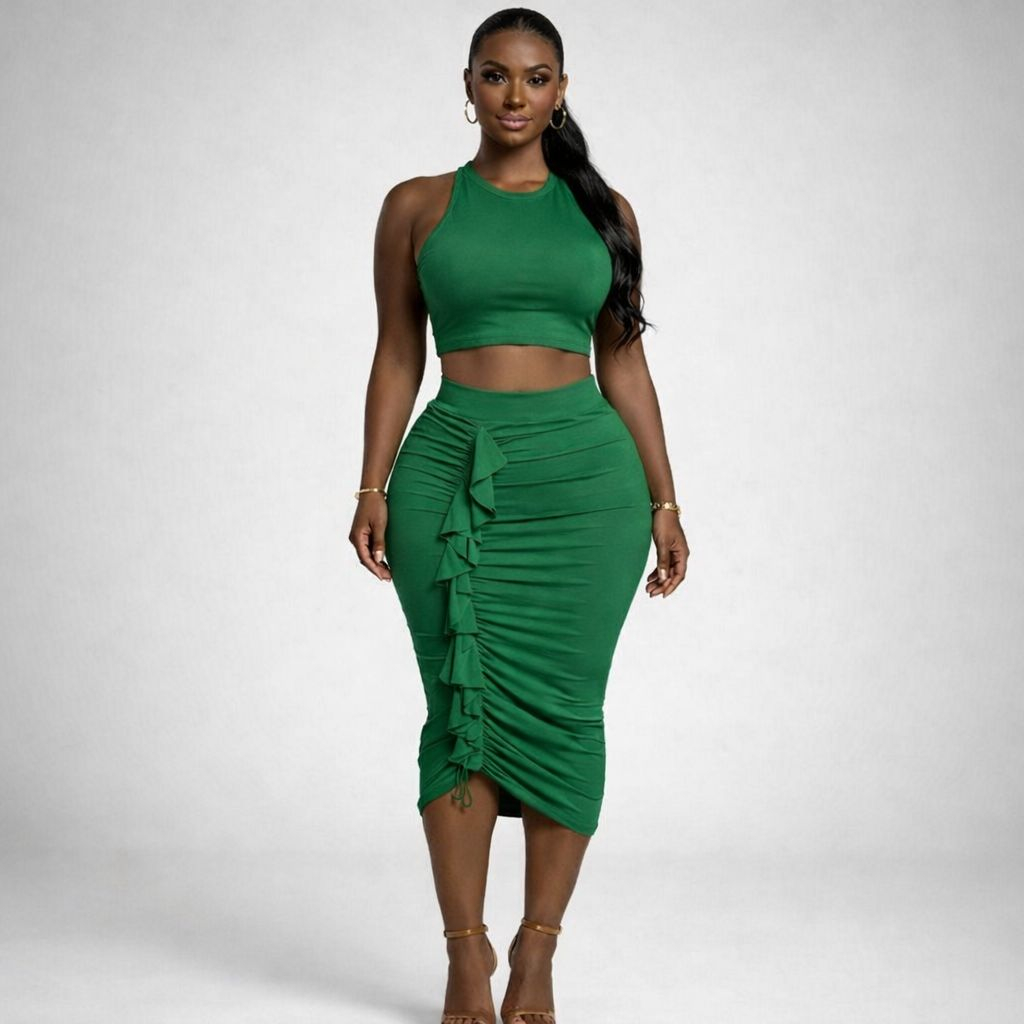 Green TwoPiece Skirt Set Halter Crop Top & Ruched Midi SkirtMidi Skirt Outfit