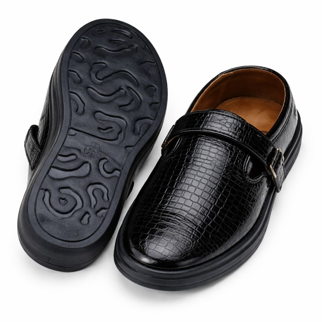 Mens Black Croc Embossed Leather Monk Strap Shoes
