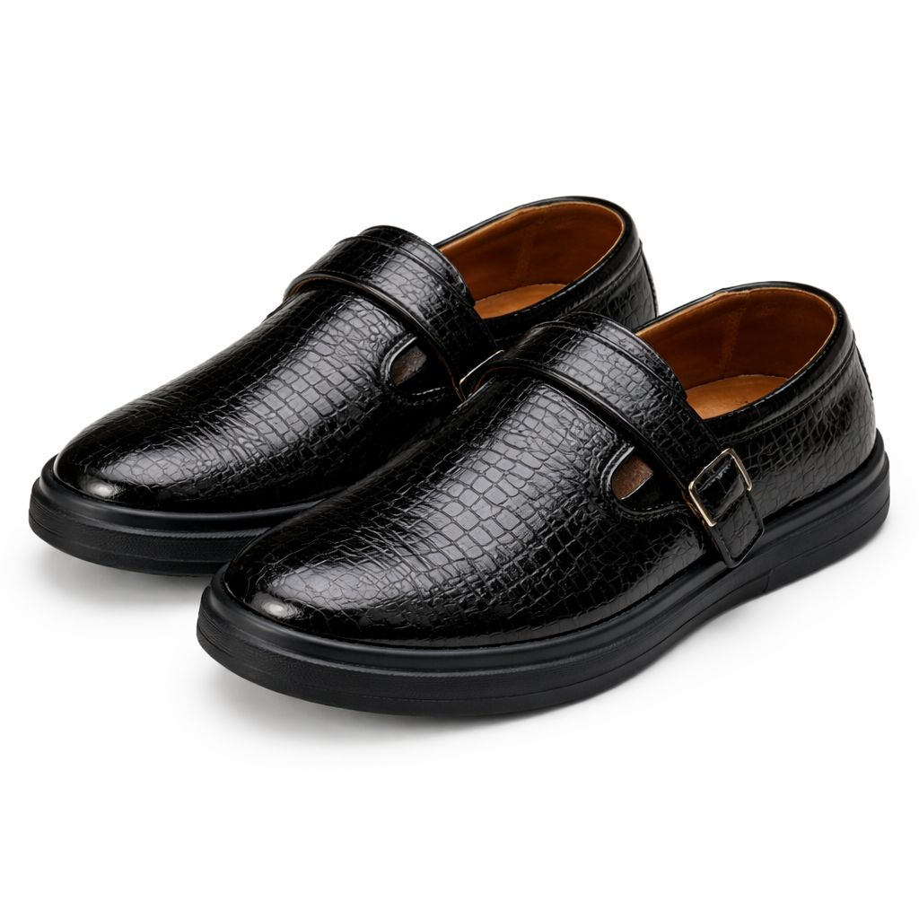 Mens Black Croc Embossed Leather Monk Strap Shoes