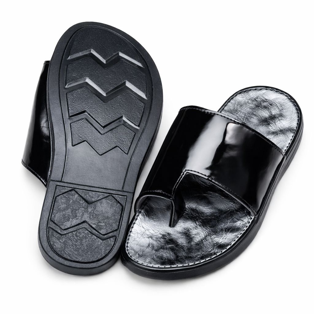 Mens Black Glossy Slip On Sandals
