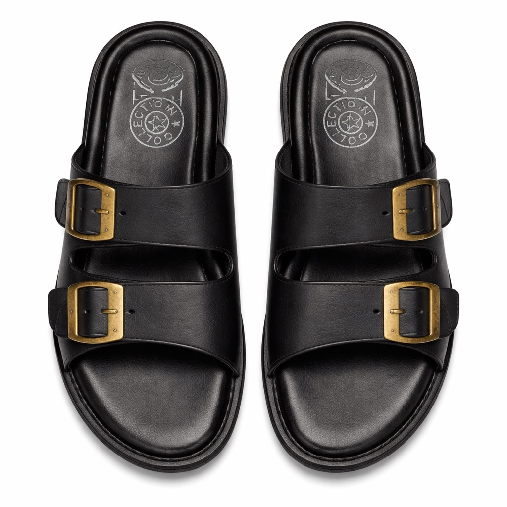 Dual Buckle Leather Slide Sandals
