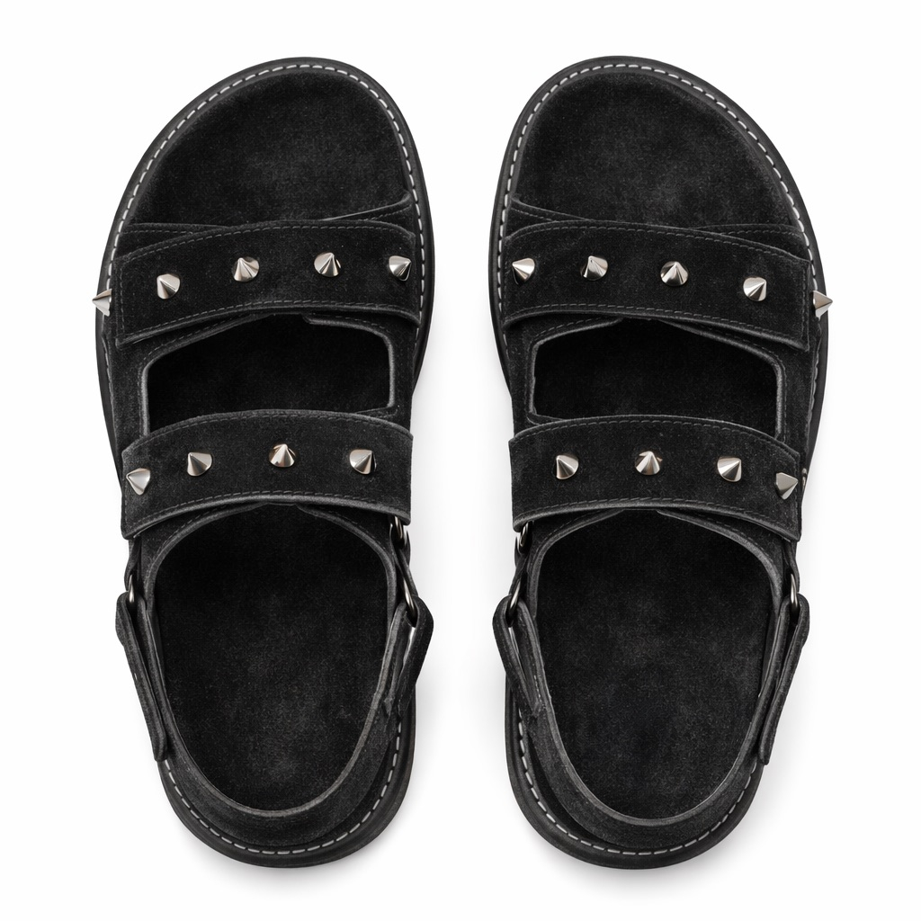 Studded Strap Leather Sandals     Black
