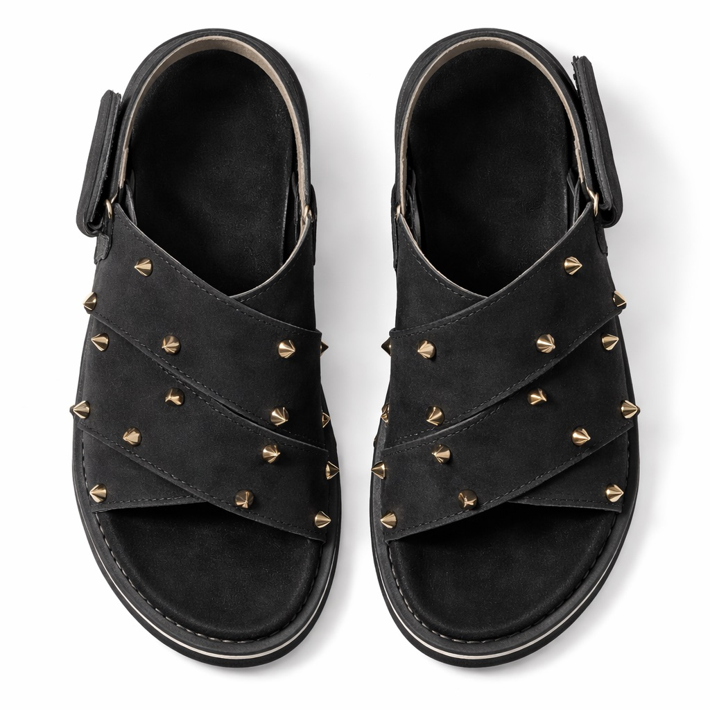 Studded Cross Strap Leather Sandals    Black