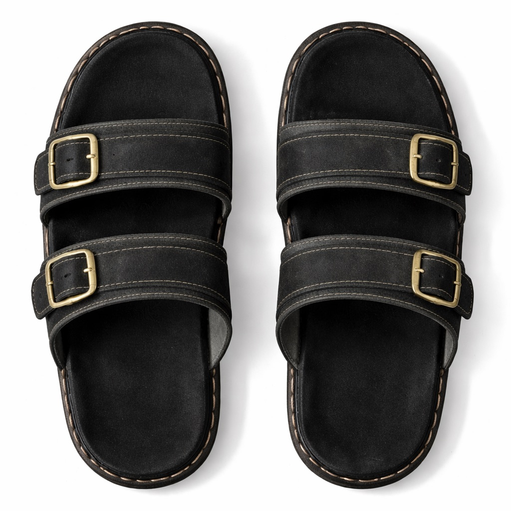 Dual Buckle Rugged Leather Slide Sandals    Black