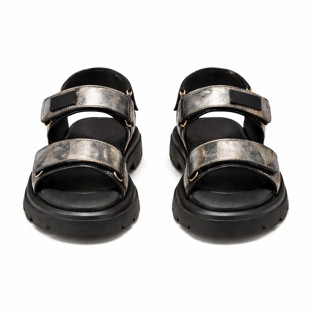Chunky Urban Strap Sandals with Back Support     Black and Metallic
