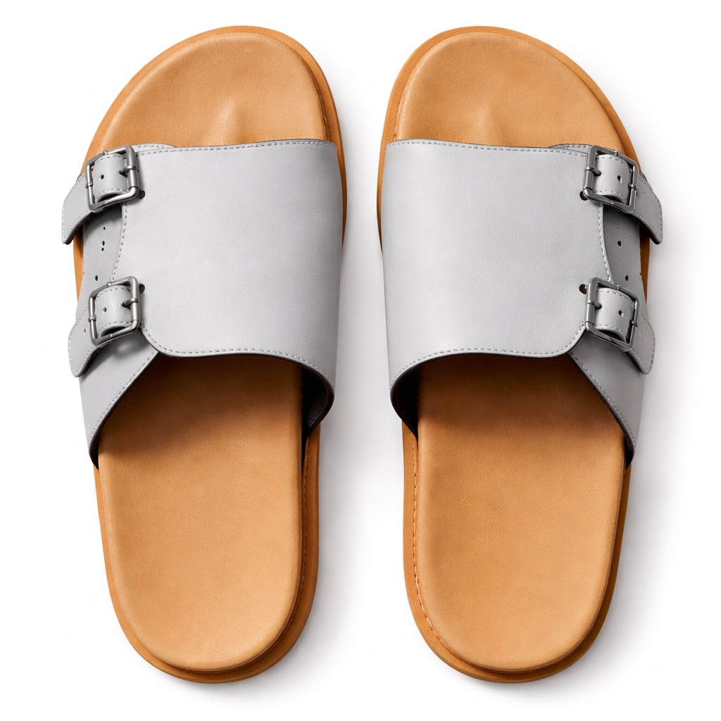 Dual Buckle Minimal Leather Slide Sandals    Grey