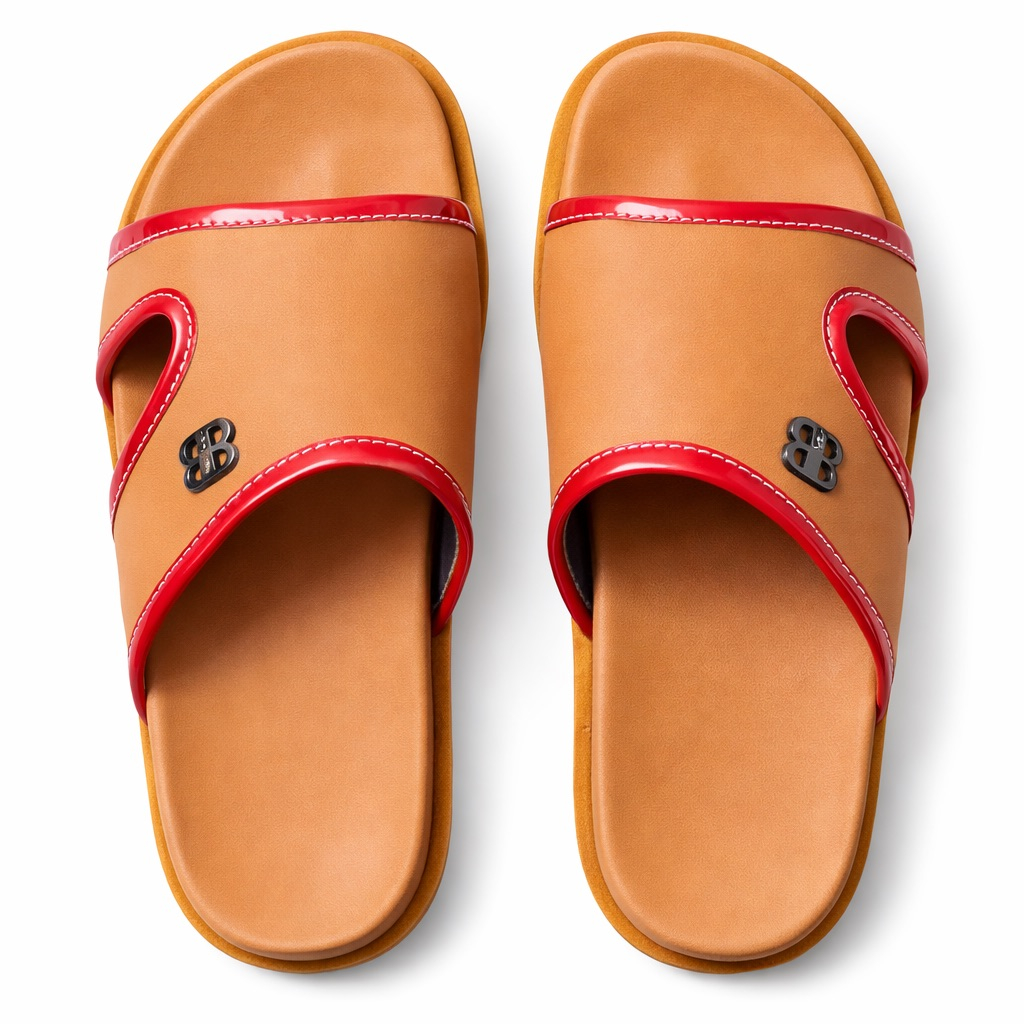 Color Trim Comfort Slide Sandals       Tan and Red