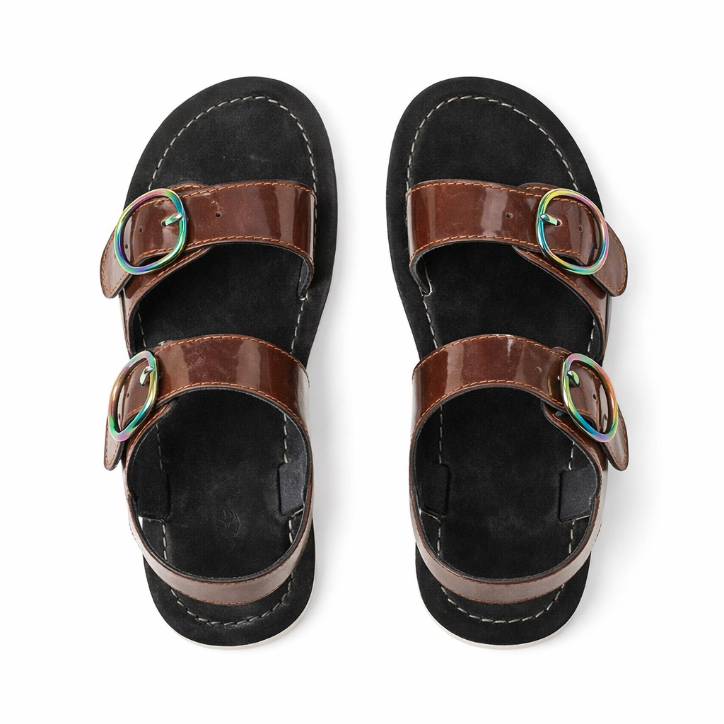 Glossy Dual Buckle Strap Sandals with Back Support       Brown