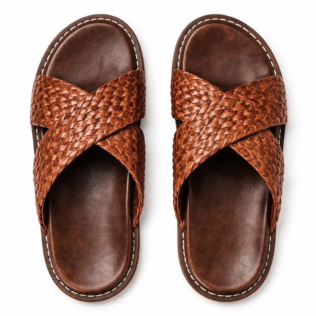 Woven Cross Strap Leather Slide Sandals     Brown