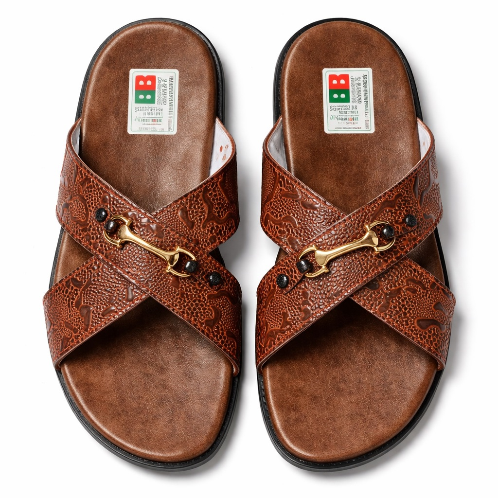 Embossed Cross Strap Luxury Slide Sandals     Brown