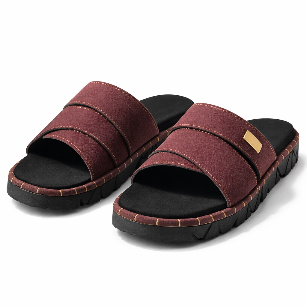 Luxury Cross Strap Slide Sandals with Gold Accent      Wine