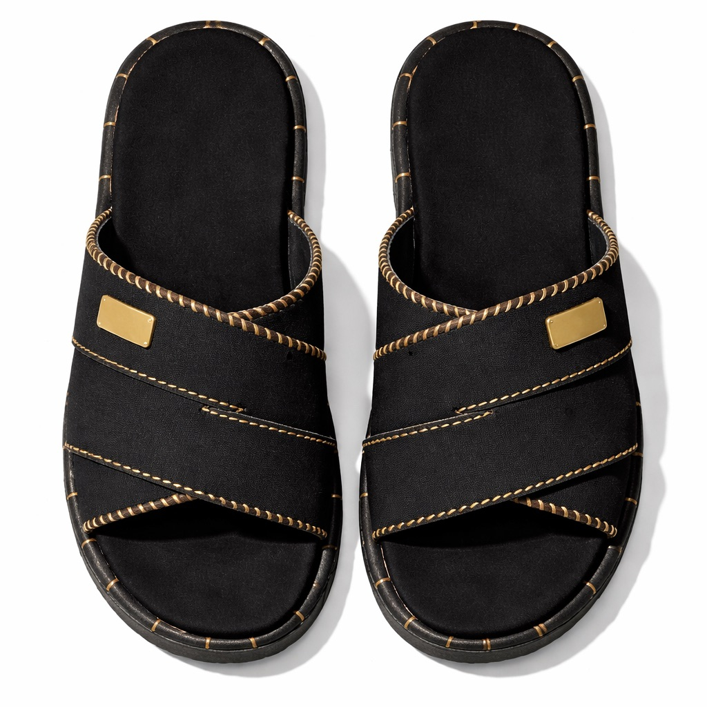 Dual Strap Contrast Stitch Slide Sandals    Black