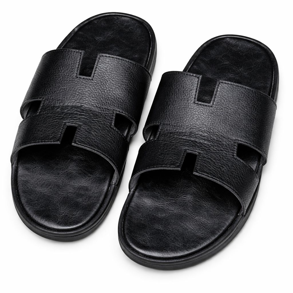 Mens Black Leather H Cut Slide Sandals