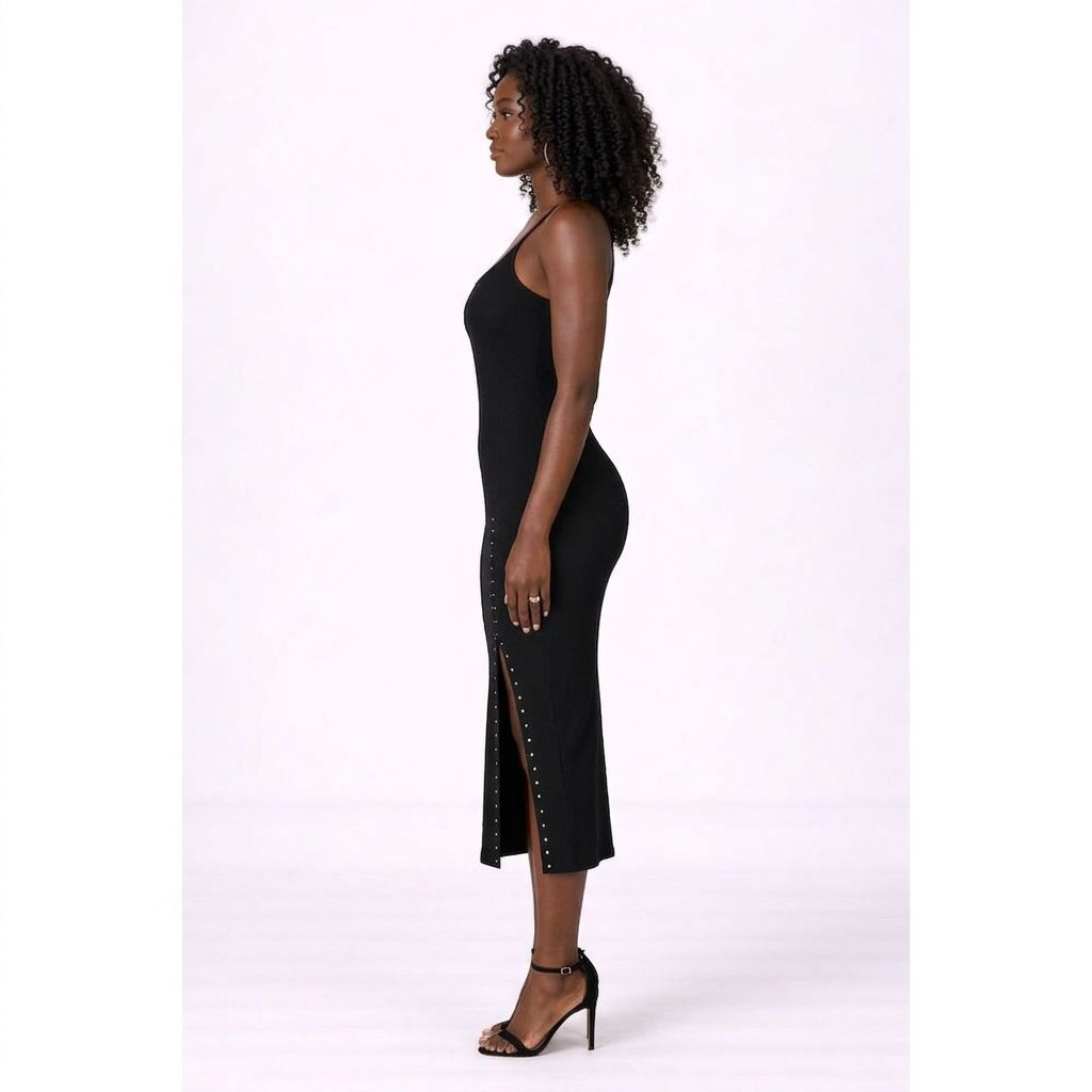 Black Studded Bodycon Midi Dress  Slit Strap Dress