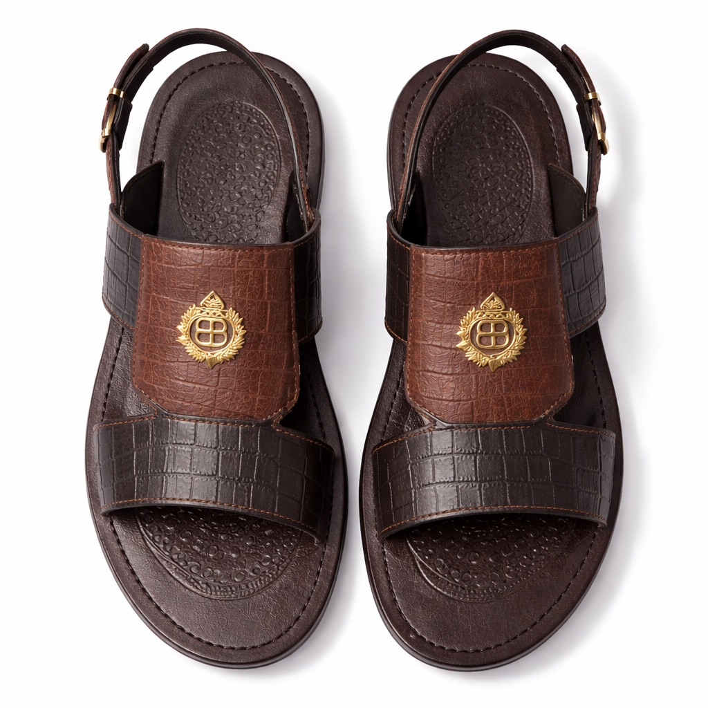 Textured Leather Crest Strap Sandals     Brown