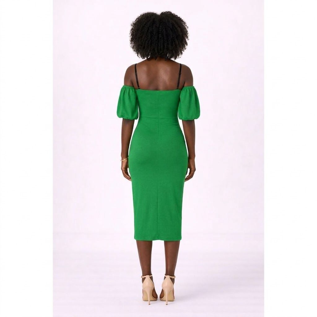 Emerald ColdbShoulder Midi Dress  Puff Sleeve Bodycon with Back Slit