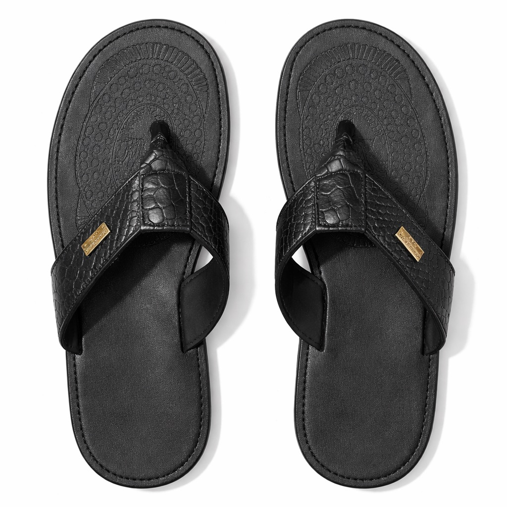 Croc Texture Toe Loop Slide Sandals    Black