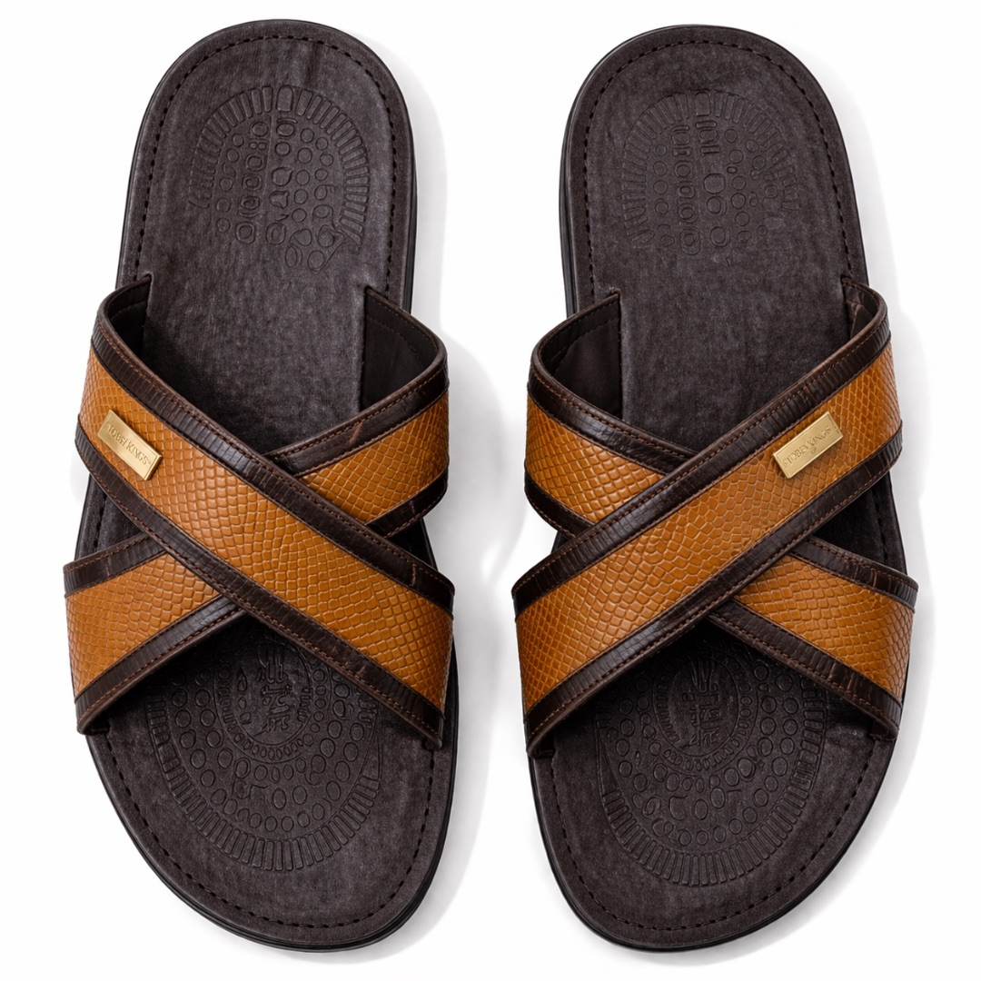 Cross Strap Textured Slide Sandals    Brown