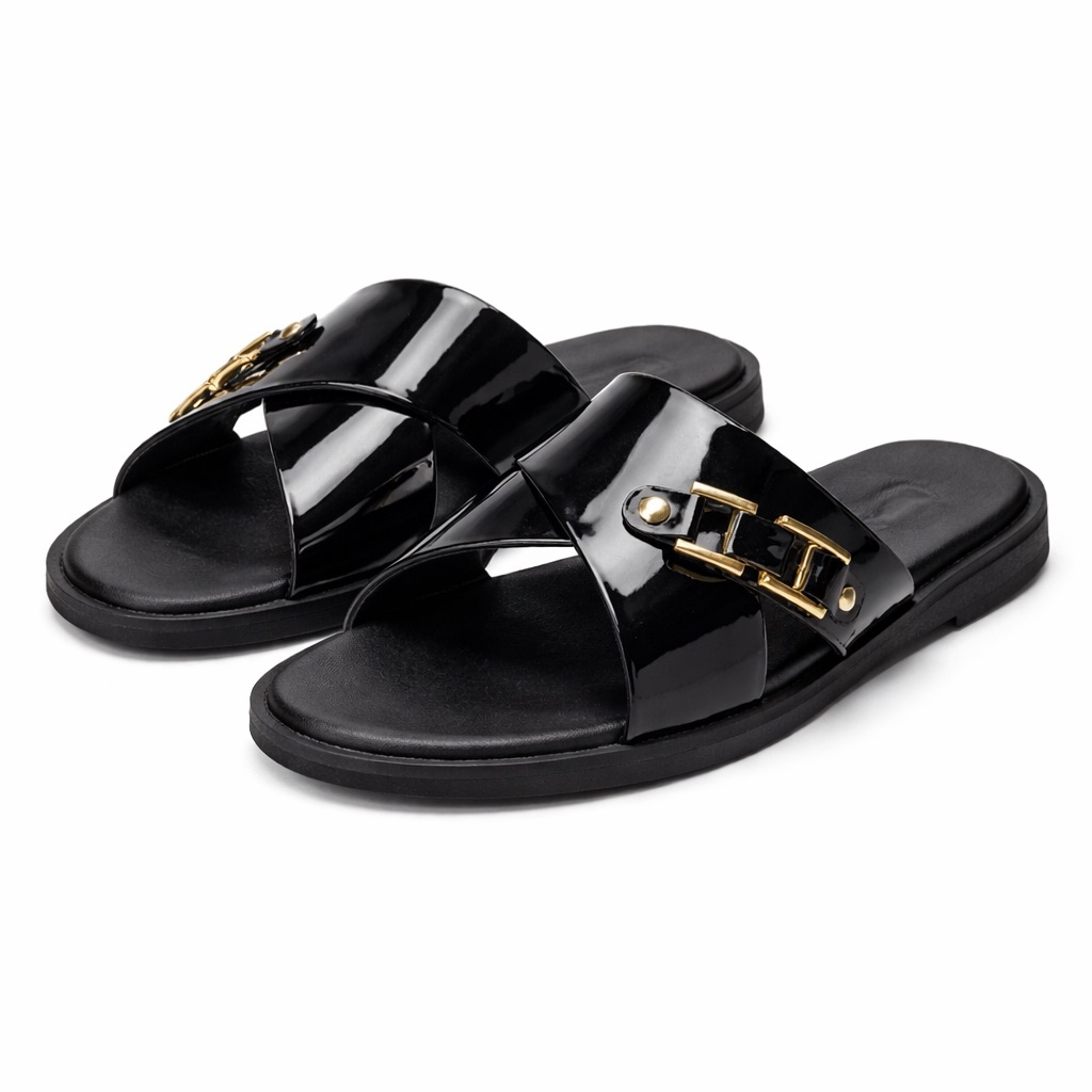 Patent Cross Strap Buckle Slide Sandals     Black