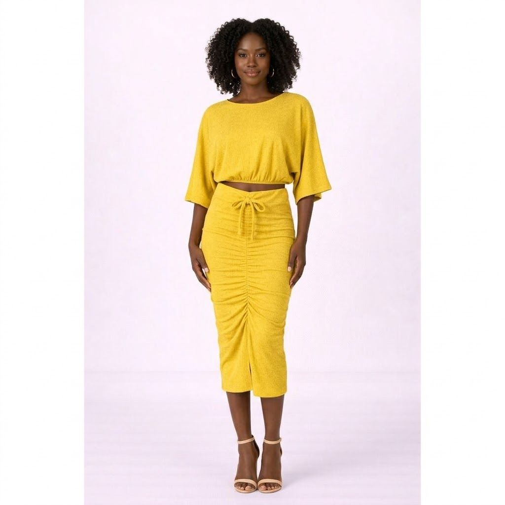 Mustard Ruched Midi Dress Batwing Sleeve Tie Waist Bodycon