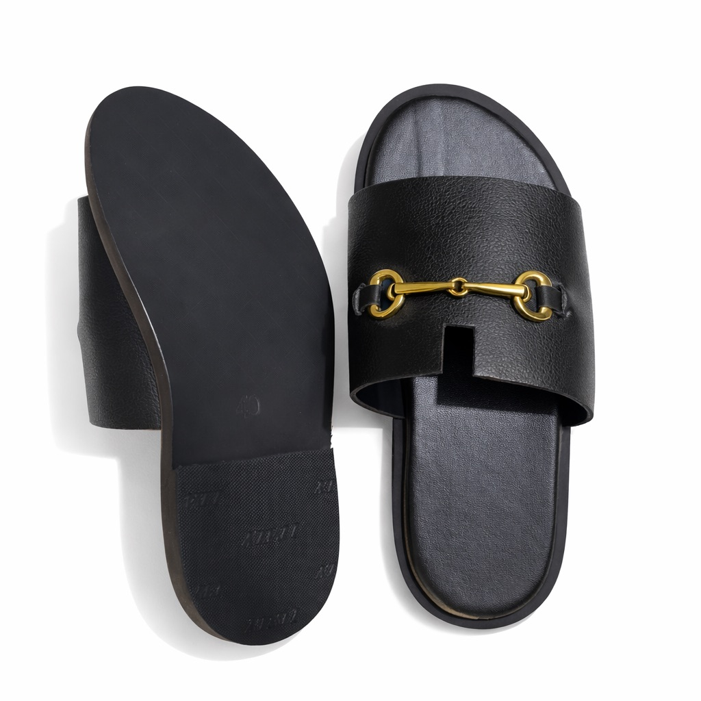 Horsebit Detail Cut Out Slide Sandals    Black