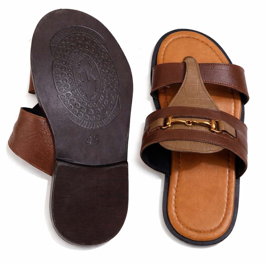 Dual Strap Horsebit Panel Sandals    Brown