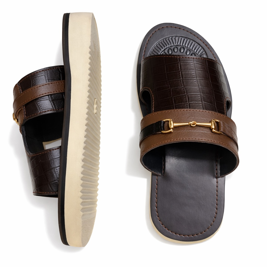 Croc Panel Horsebit Slide Sandals     Brown