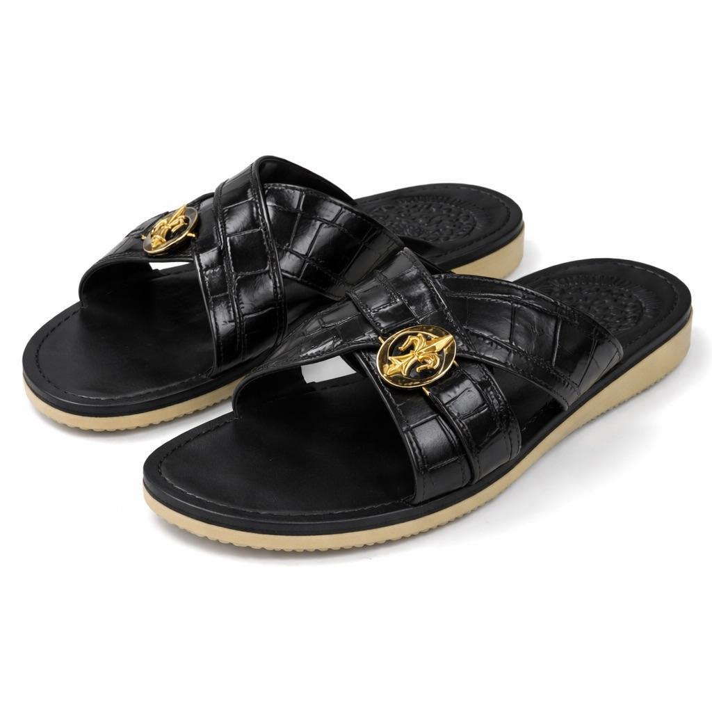 Croc Texture Crest Cross Strap Sandals     Black