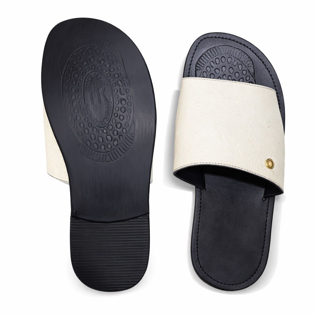 Contrast Minimal Strap Slide Sandals     White and Black