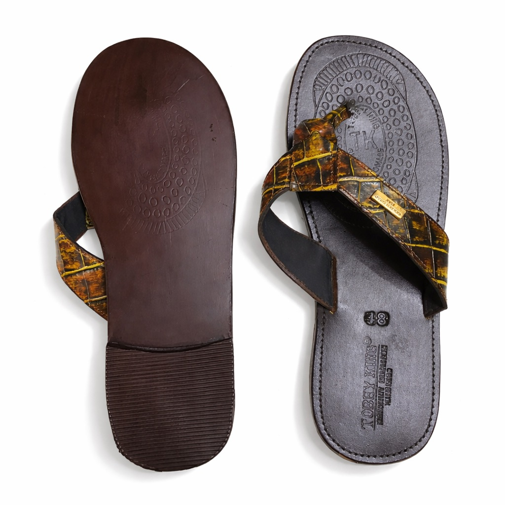 Patterned Cross Strap Toe Loop Sandals        Brown and Yellow