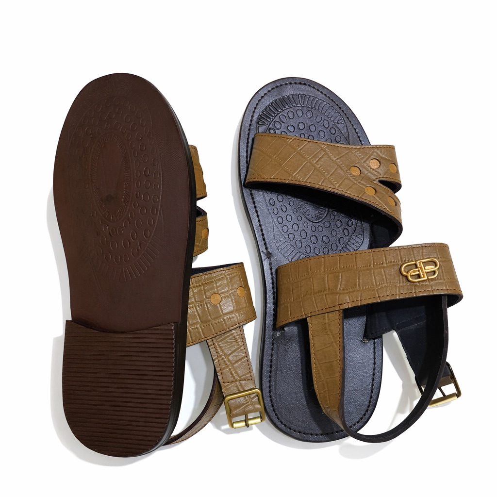 Croc Texture Dual Strap Buckle Sandals    Tan