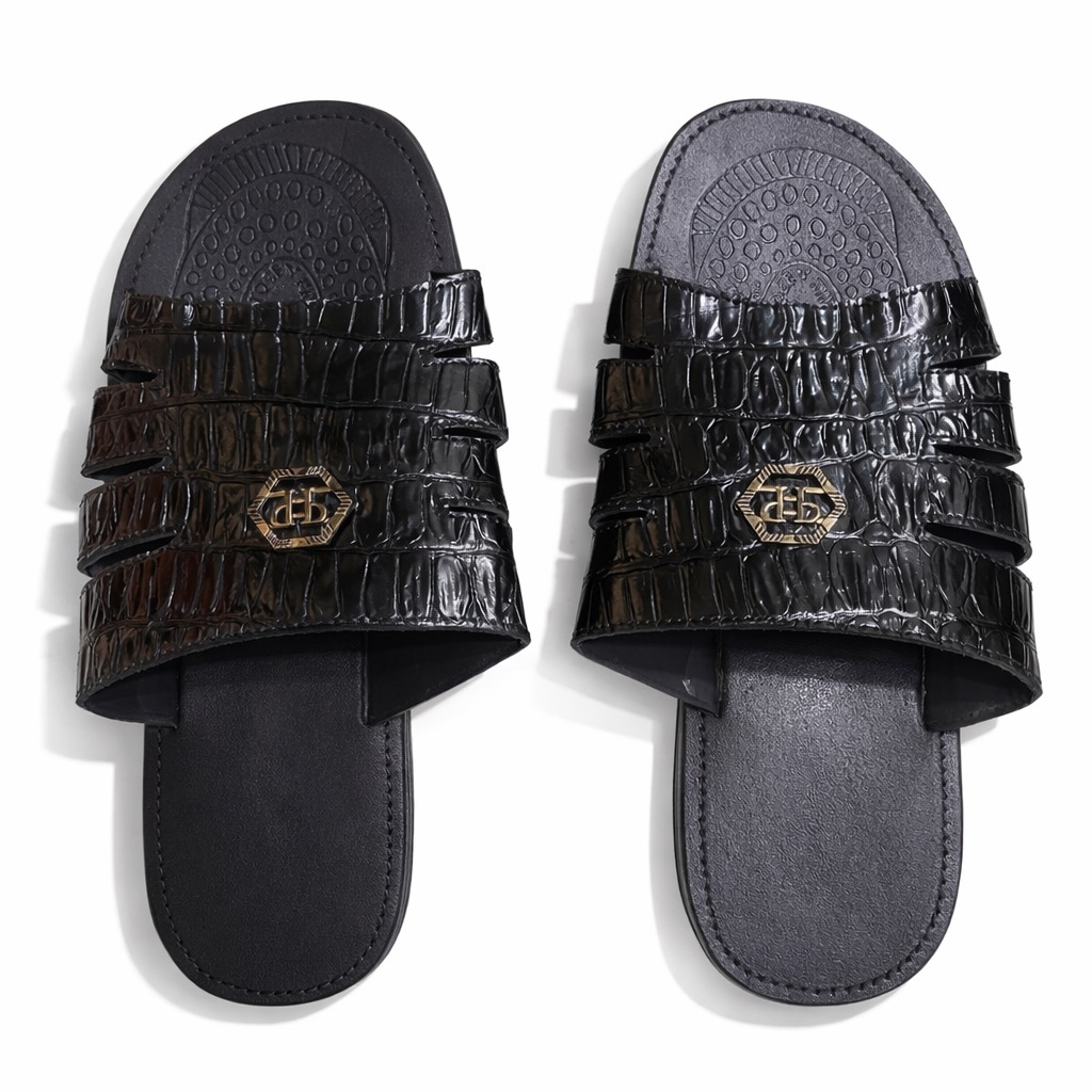 Croc Texture Multi Slit Crest Slide Sandals    Black