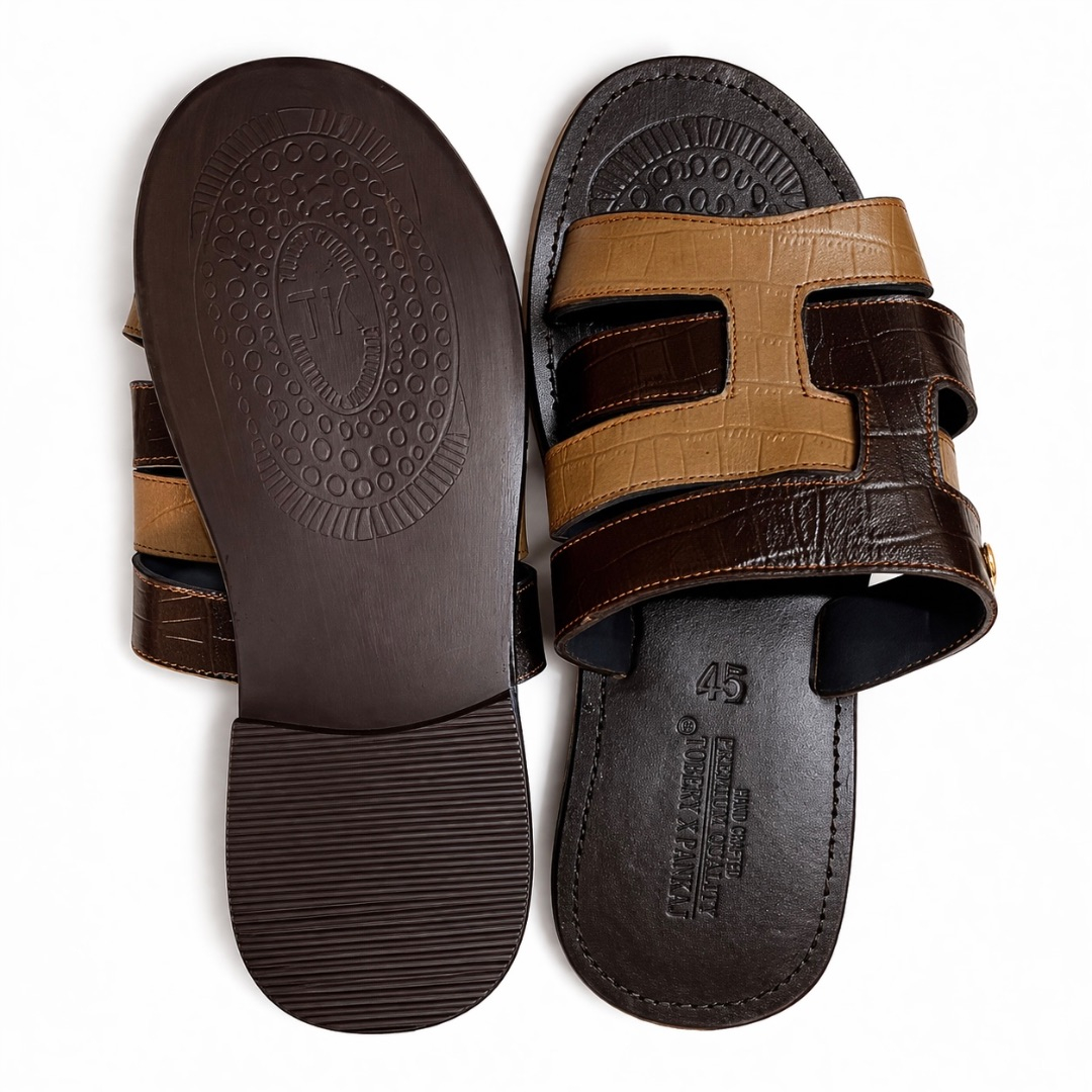 Dual Tone Cut Out Strap Slide Sandals     Brown and Tan