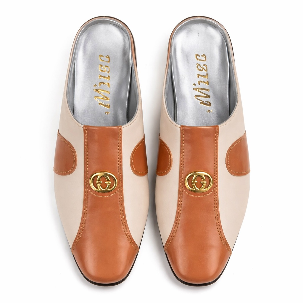 Two Tone Panel Slip On Loafers with Metal Accent       Cream and Tan