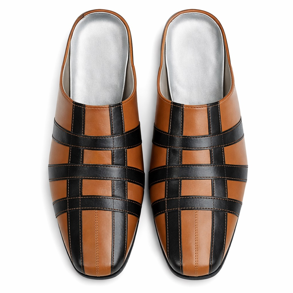 Multi Strap Panel Slip On Mule Loafers    Tan and Black