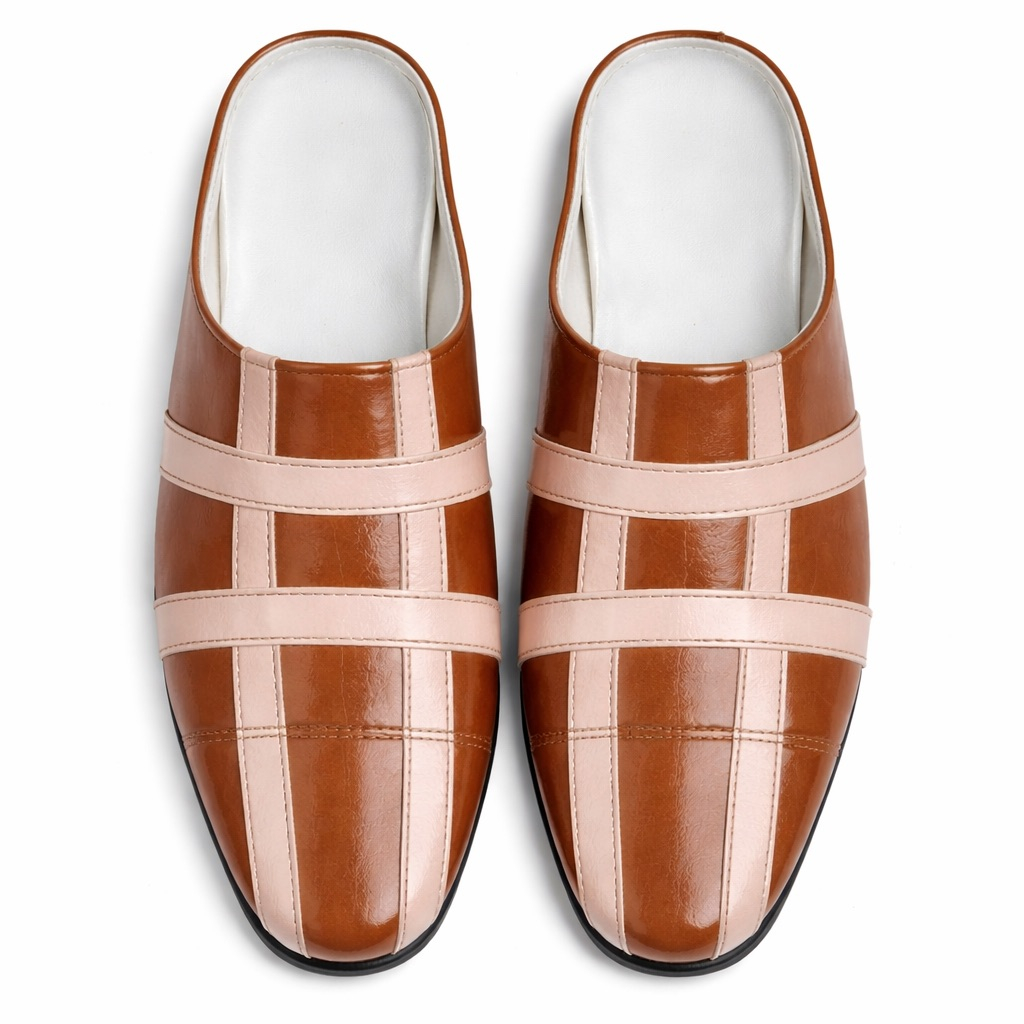 Gloss Finish Multi Strap Slip On Mule Loafers     Cognac and Nude