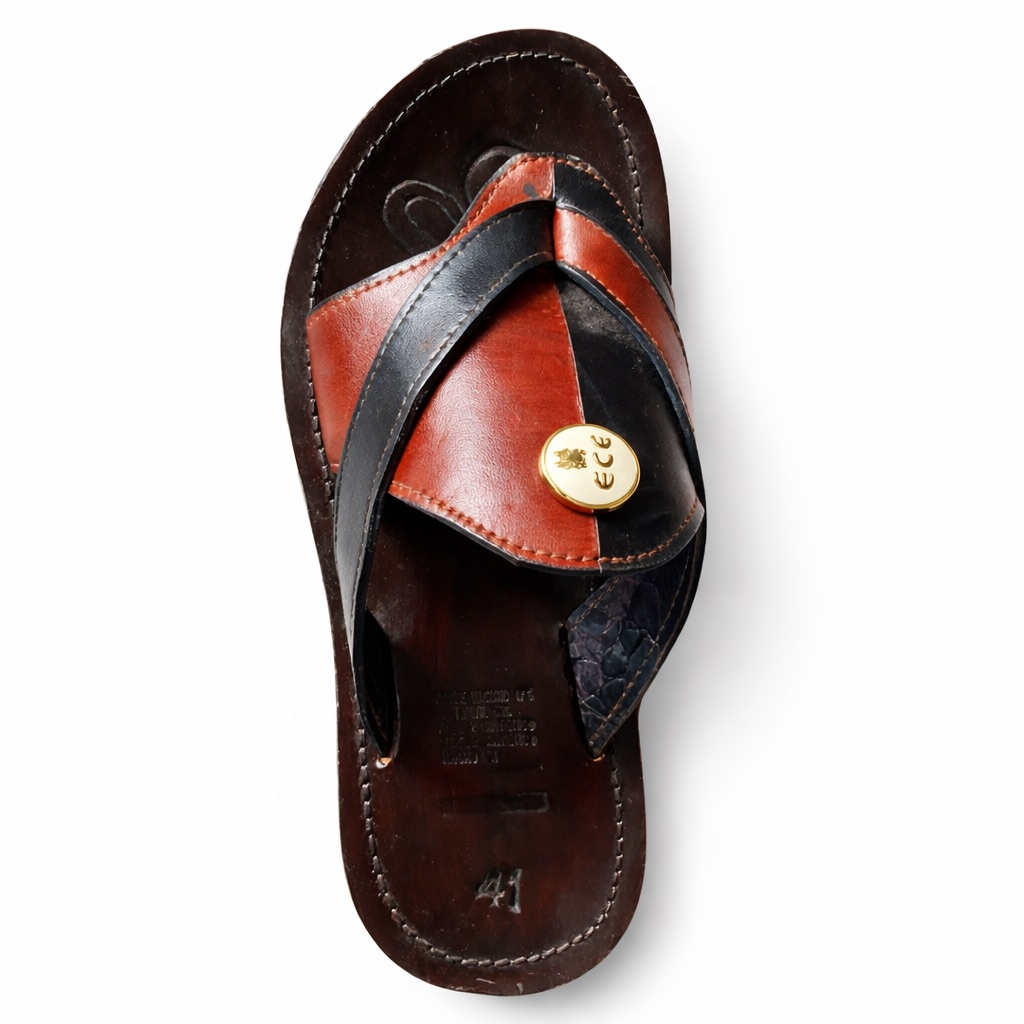 Color Block Leather Toe Loop Slide Sandals with Metal Accent      Brown and Black