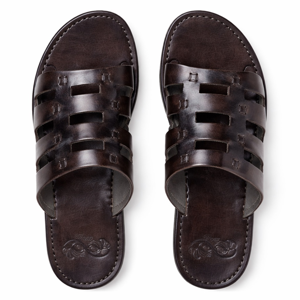 Handcrafted Cut Out Leather Slide Sandals      Dark Brown
