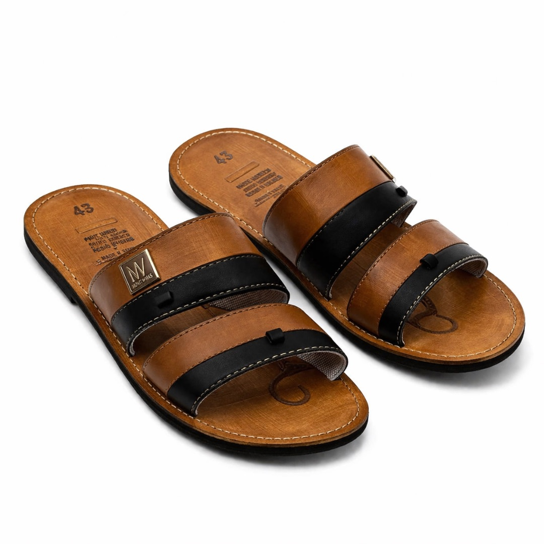 Dual Strap Leather Slide Sandals with Toe Loop       Tan and Black